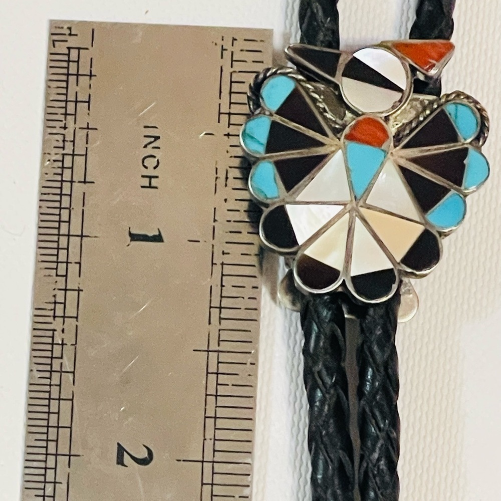 VTG Native American ZUNI STERLING SILVER MOSAIC INLAY THUNDERBIRD BOLO TIE Sign - Picture 5 of 10